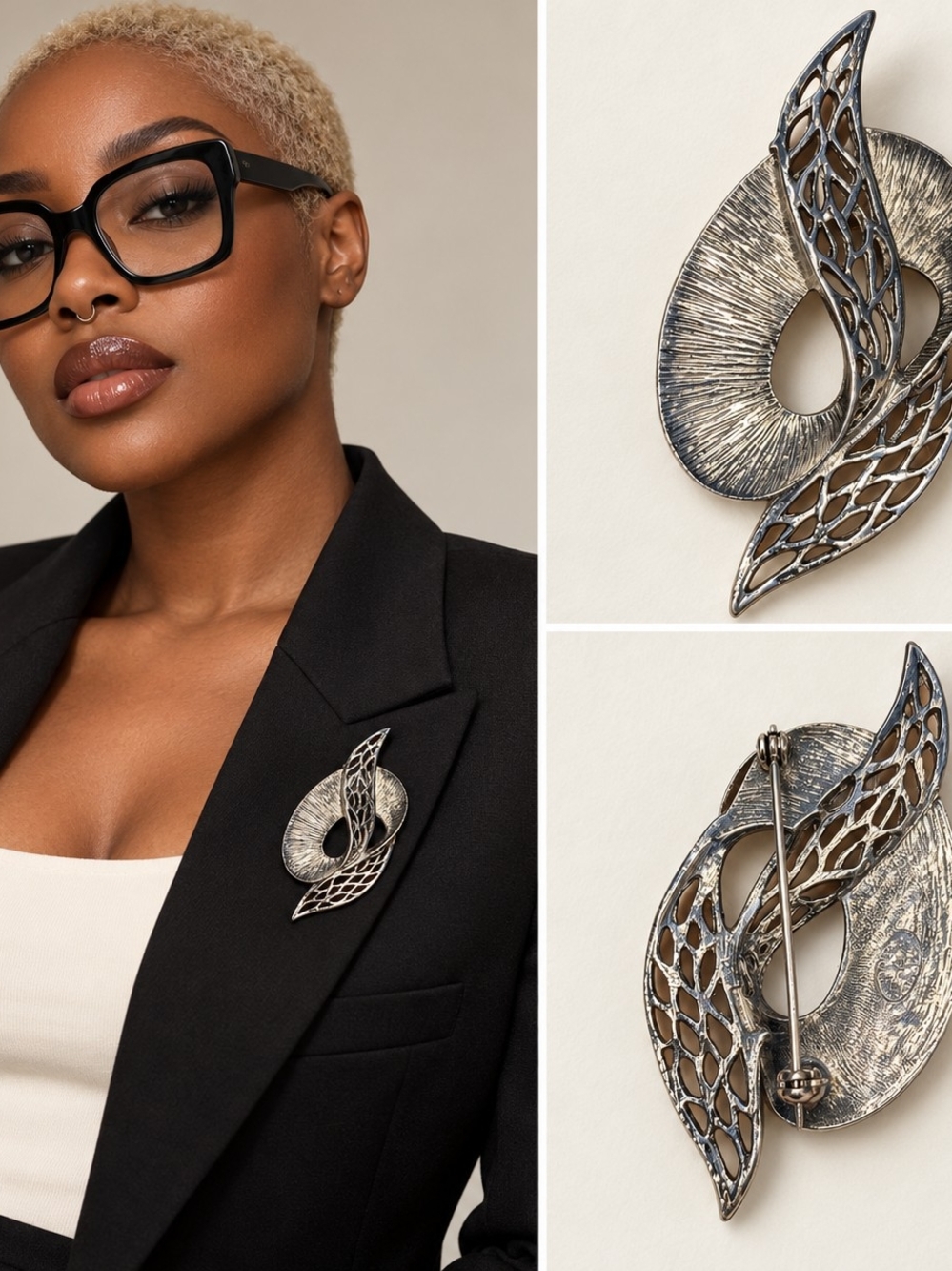 Vintage Silver-Tone Sculptural Leaf Brooch - Women Jewelry